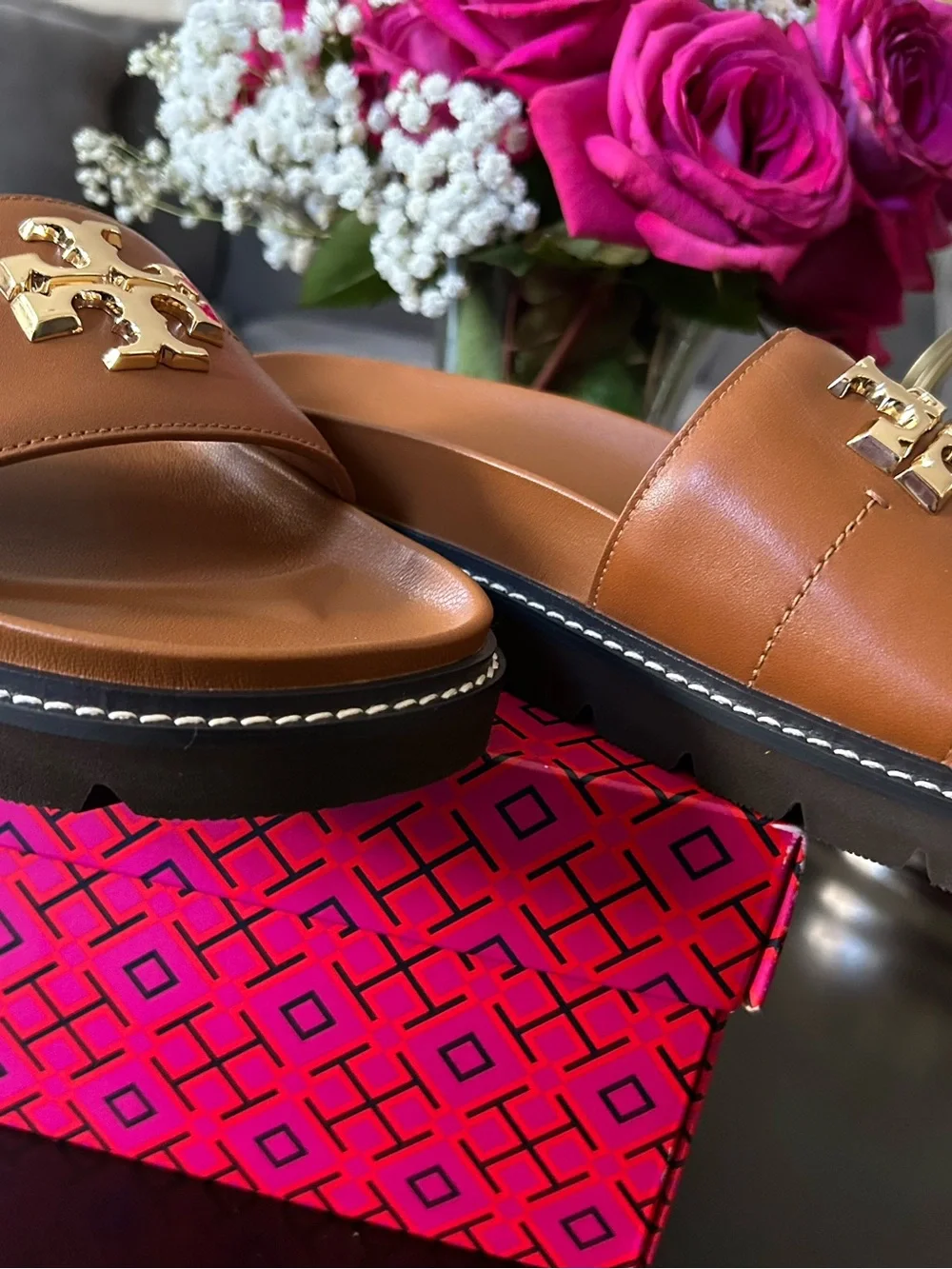 Tory Burch Tan Leather Slide Sandals with Gold Logo